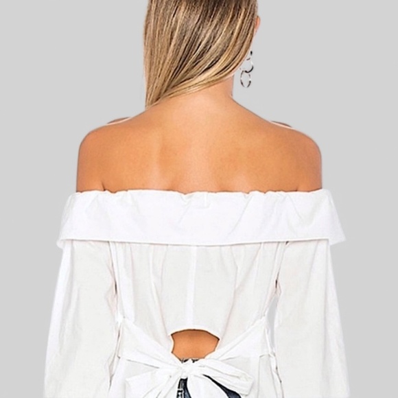 L'Academie X Revolve Off Shoulder Ruffled Button Up Shirt Cutout Tie Back White - Picture 4 of 11